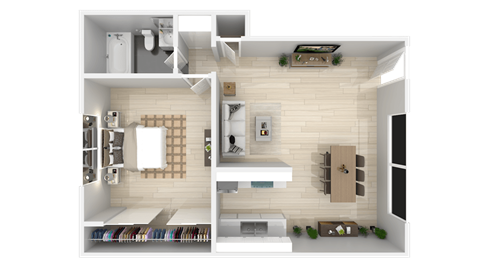 a rendering of a 3d floor plan of a houseat The Arches Apartments, LLC, California, 92021